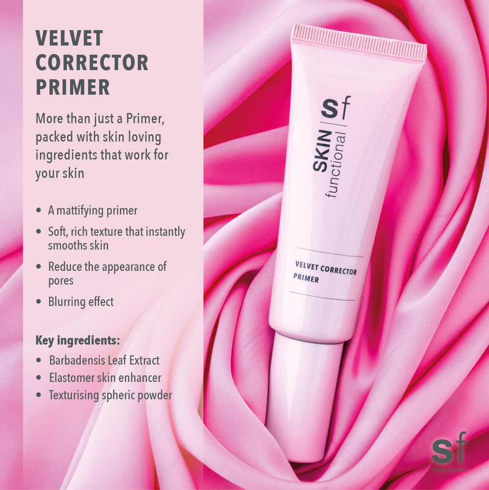 SKIN functional velvet corrector primer on a pink background with product details.