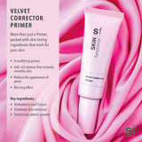SKIN functional velvet corrector primer on a pink background with product details.